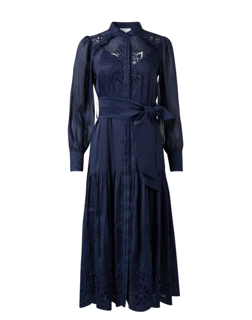 Raya Navy Organza Embroidered Shirt Dress