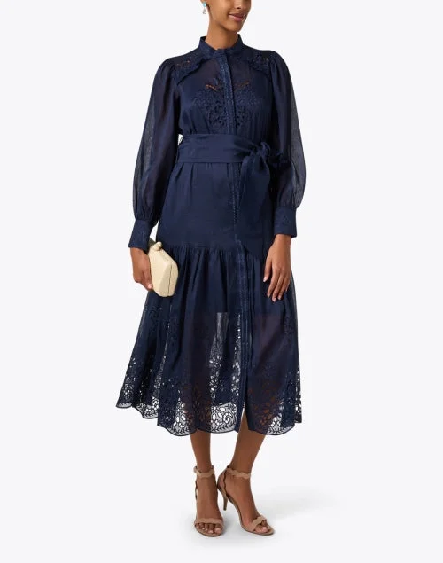 Raya Navy Organza Embroidered Shirt Dress