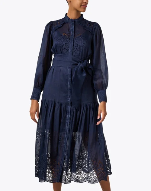 Raya Navy Organza Embroidered Shirt Dress