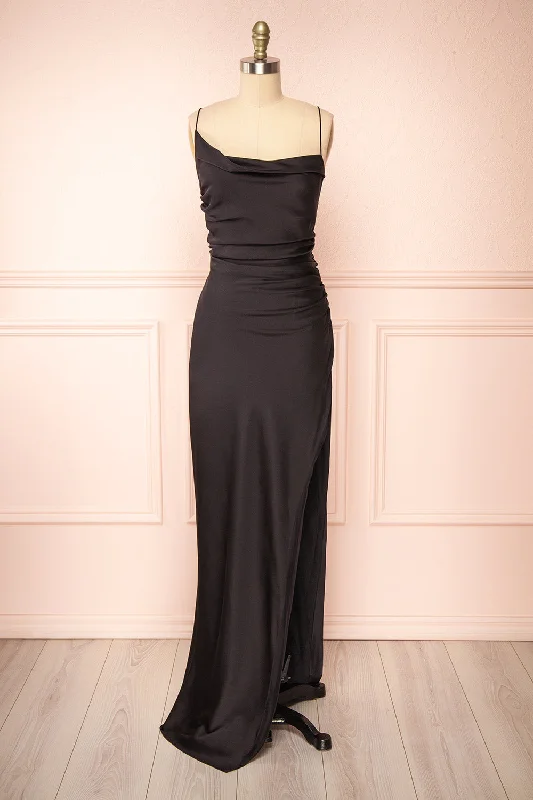 Sevika Black | Maxi Satin Dress w/ Cowl Neck