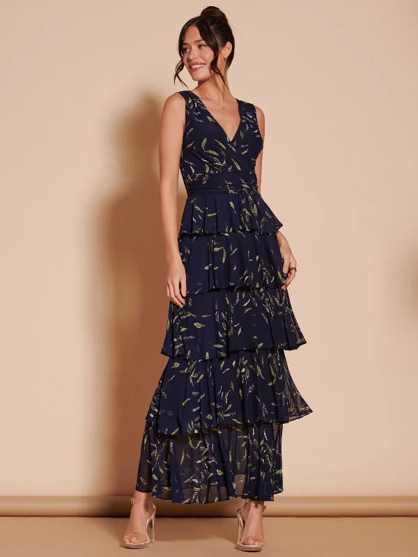 Tiered Hem Mesh Maxi Dress, Navy Multi