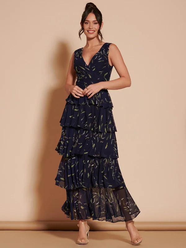 Tiered Hem Mesh Maxi Dress, Navy Multi