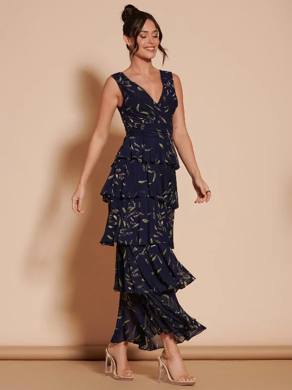 Tiered Hem Mesh Maxi Dress, Navy Multi