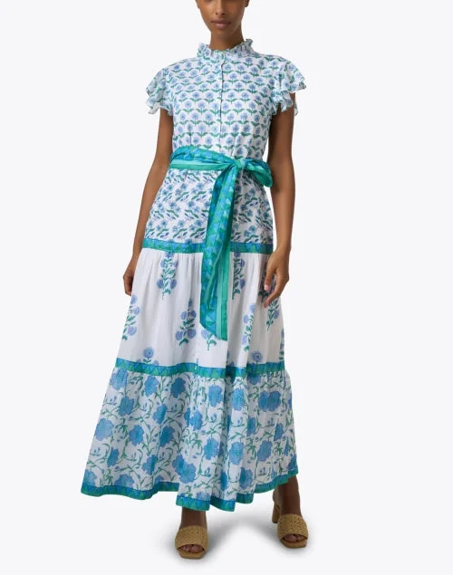 White and Blue Print Cotton Voile Dress