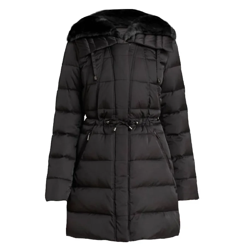 Women's Quilted Faux Fur Puffer Jacket Coat In Black