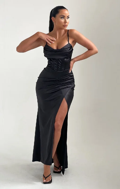 Black Satin Side Split Cowl Neck Maxi Dress - Esmee