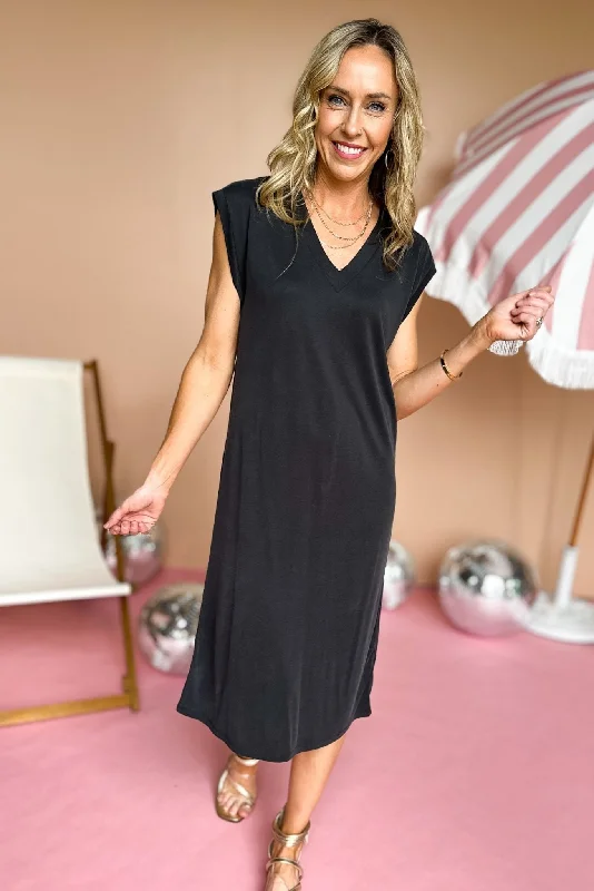 Black V Neck Dolman Short Sleeve Midi Dress