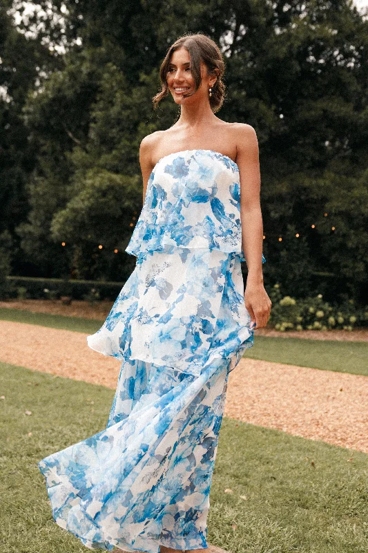 Bloom Strapless Maxi Dress - Blue White Floral