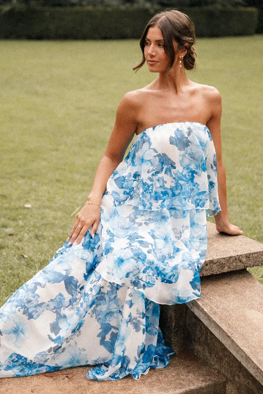 Bloom Strapless Maxi Dress - Blue White Floral