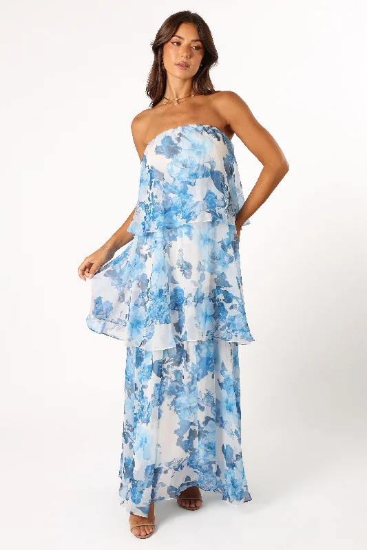 Bloom Strapless Maxi Dress - Blue White Floral