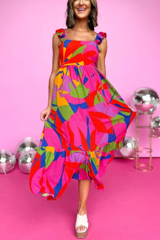 Blue Pink Multi Abstract Printed Flutter Sleeve Midi Dress