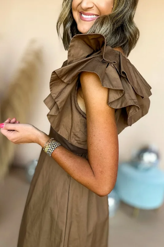 Brown Ruffled Sleeve Tie Back Midi Dress