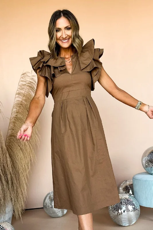 Brown Ruffled Sleeve Tie Back Midi Dress