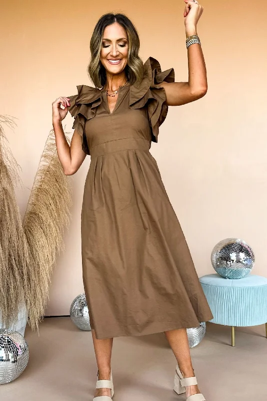 Brown Ruffled Sleeve Tie Back Midi Dress