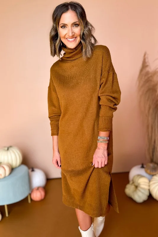 Brown Turtleneck Sweater Midi Dress