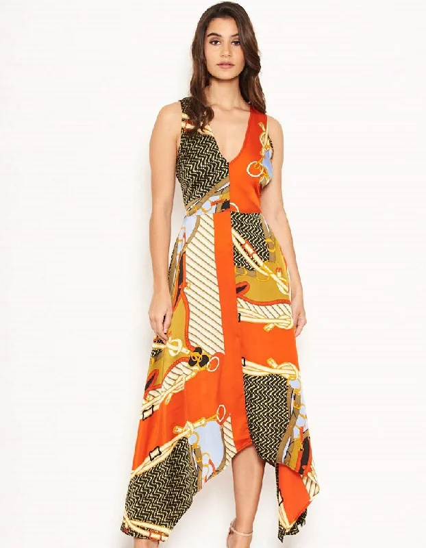 Caroline Orange Multi Chain Print Midi Dress