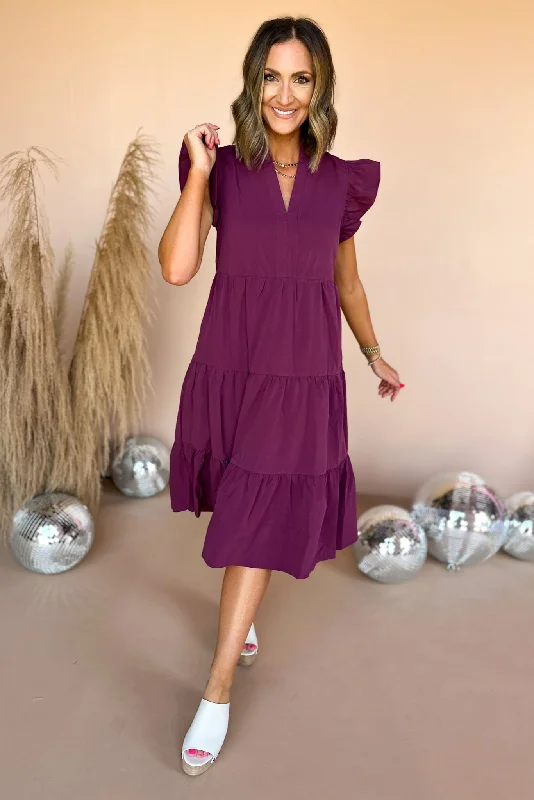 Eggplant V Neck Flutter Sleeve Tiered Midi Dress