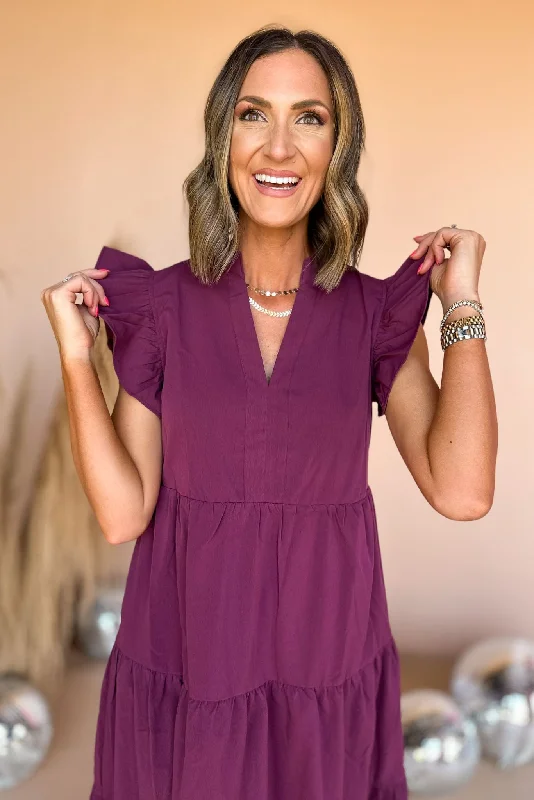 Eggplant V Neck Flutter Sleeve Tiered Midi Dress