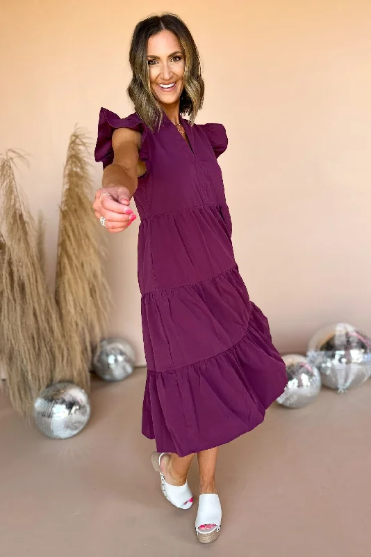 Eggplant V Neck Flutter Sleeve Tiered Midi Dress