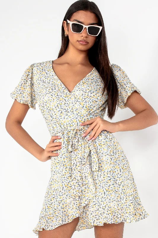 Everlee Yellow Ditsy Print Wrap Dress