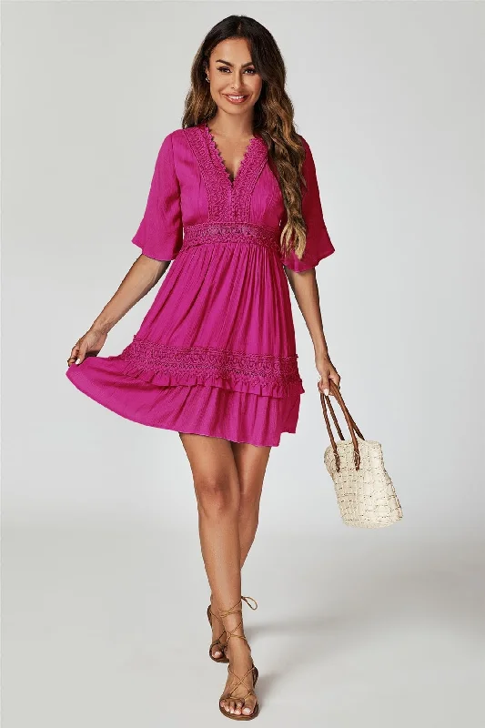 FS Collection V Neck Lace Mini Dress In Fuchsia