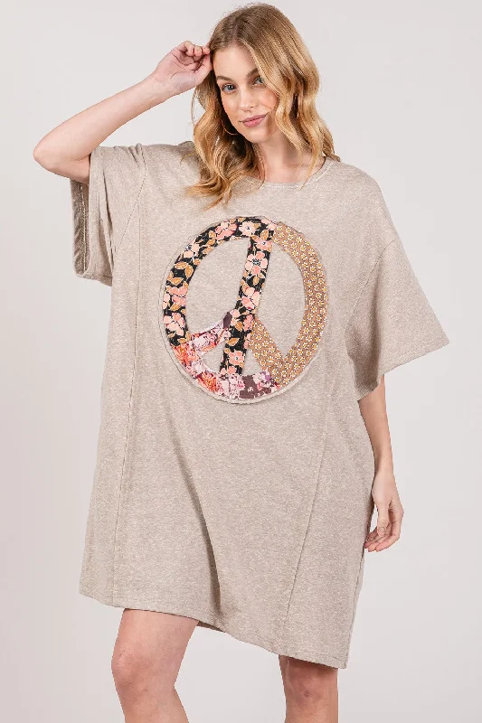 Full Size Peace Sign Applique Short Oatmeal Dress