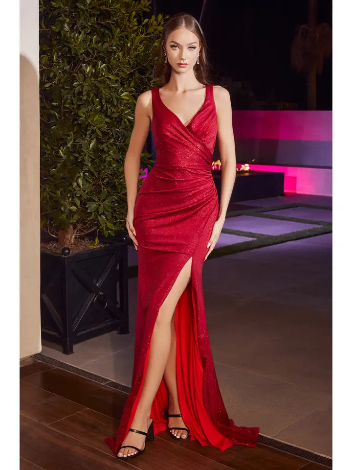 Glitter Stretch Satin Fitted Gown with Ruched Waist