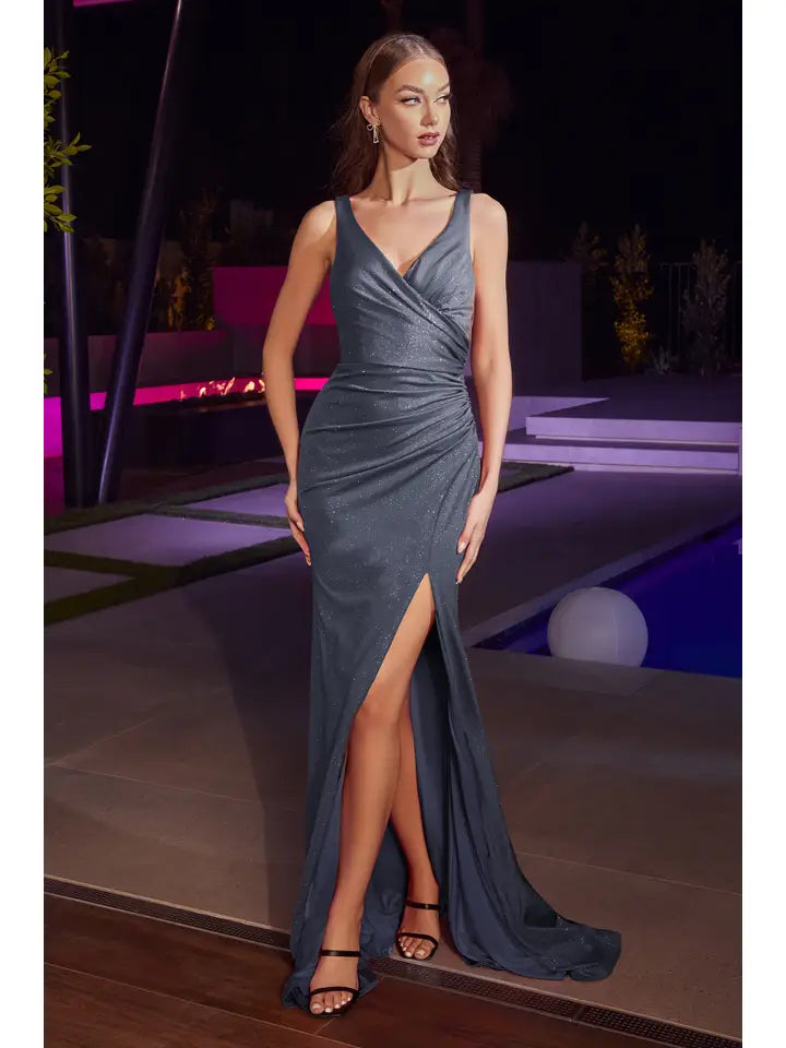 Glitter Stretch Satin Fitted Gown with Ruched Waist