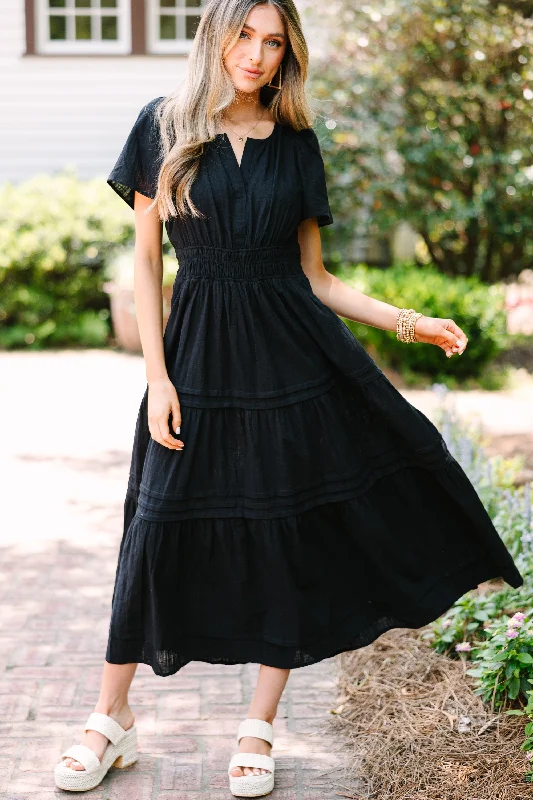 It's In The Air Black Tiered Midi Dress