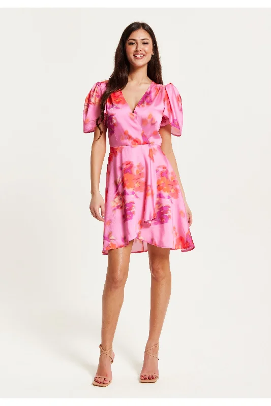 Liquorish Floral Printed Angel Sleeve Mini Dress In Pink