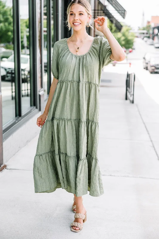 Listen To You Olive Green Tiered Midi Dress