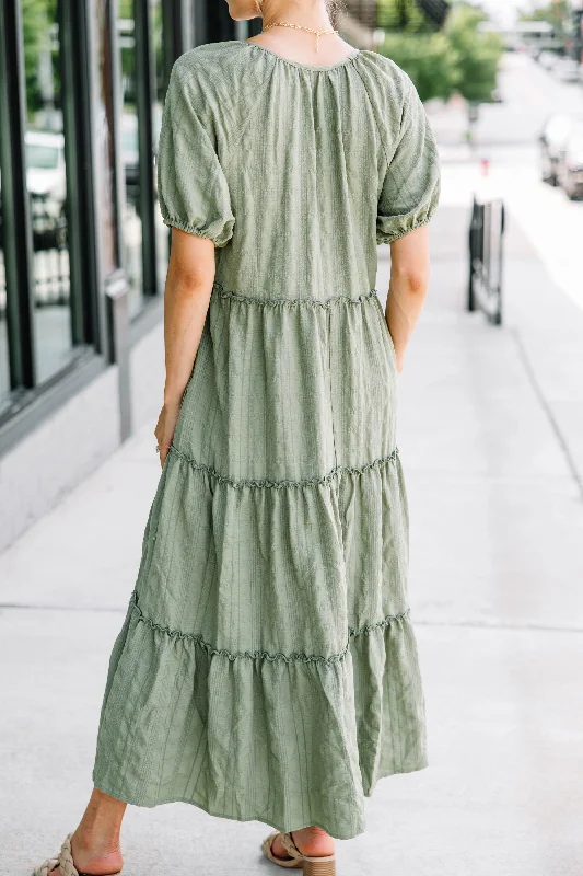 Listen To You Olive Green Tiered Midi Dress