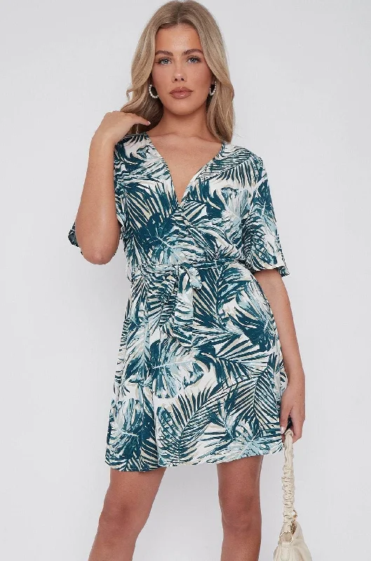 LOVE SUNSHINE Palm Leaf Print Wrapped Mini Dress