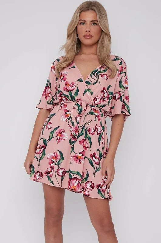 LOVE SUNSHINE Pink Floral Print Cheese Cloth Wrapped Mini Dress