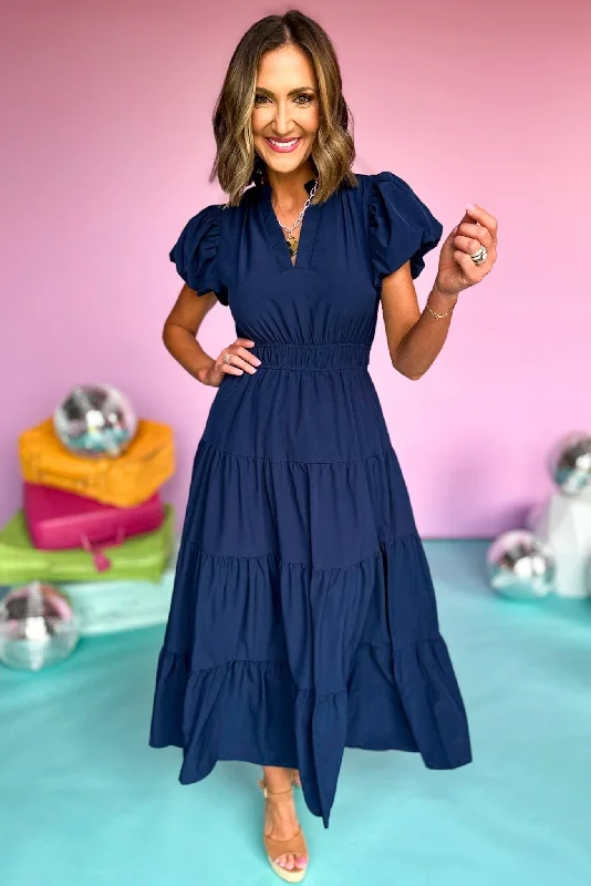 Navy Split Neck Puff Short Sleeve Tiered Midi Dress