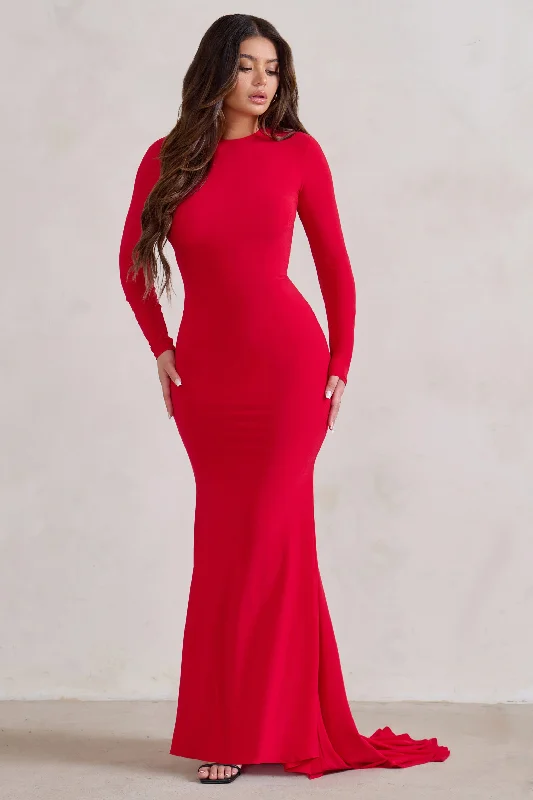 One Step Ahead | Red Long Sleeve Backless Fishtail Maxi Dress