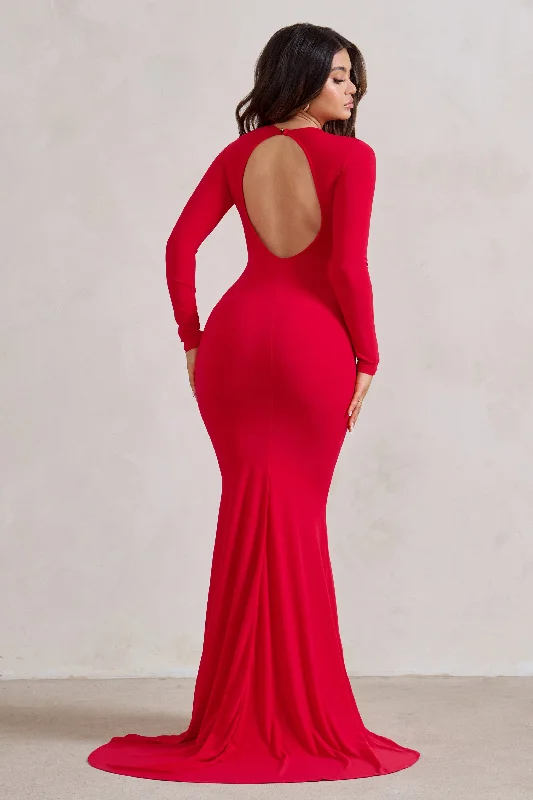 One Step Ahead | Red Long Sleeve Backless Fishtail Maxi Dress