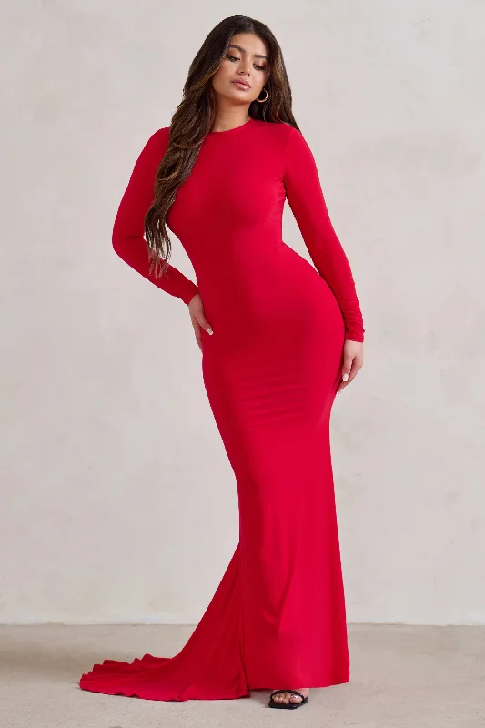 One Step Ahead | Red Long Sleeve Backless Fishtail Maxi Dress