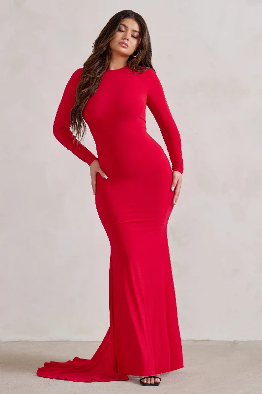 One Step Ahead | Red Long Sleeve Backless Fishtail Maxi Dress