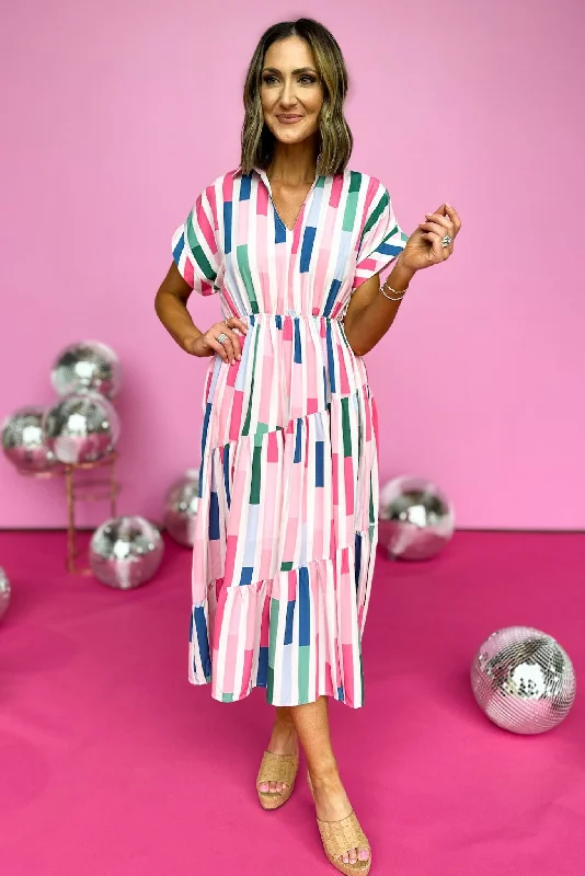 Pink Abstract Printed V Neck Collared Midi Dress