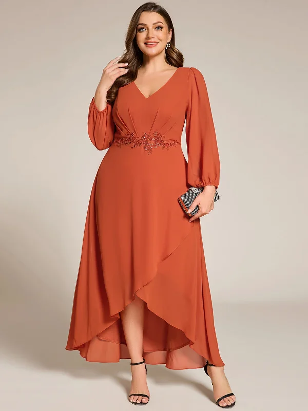 Plus Size V-Neck Long Sleeves Chiffon Formal Evening Dress with Applique