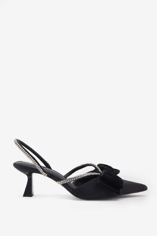 Pretty & Poised | Black Diamante Strap Sling Back Kitten Heels With Bows