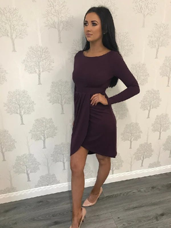 Purple Long Sleeve Wrap Midi Dress