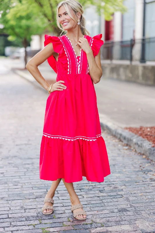 Ready For The Day Red Ruffled Midi Dress