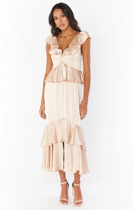 Reese Ruffle Dress ~ Champagne Luxe Satin