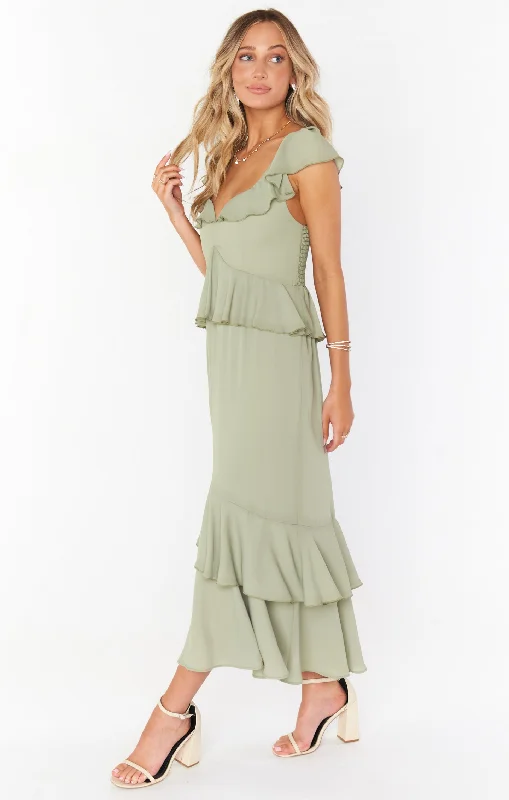 Reese Ruffle Dress ~ Moss Green Crisp