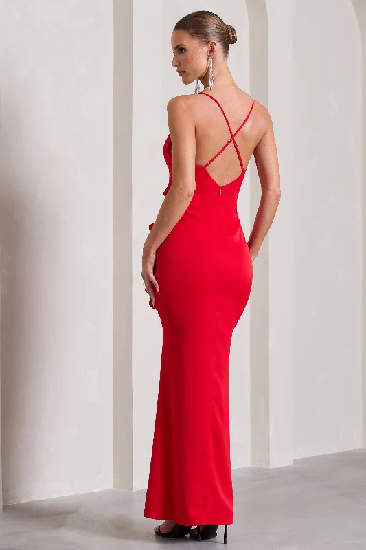 Run The World | Red Plunge Neckline Ruffle Maxi Dress