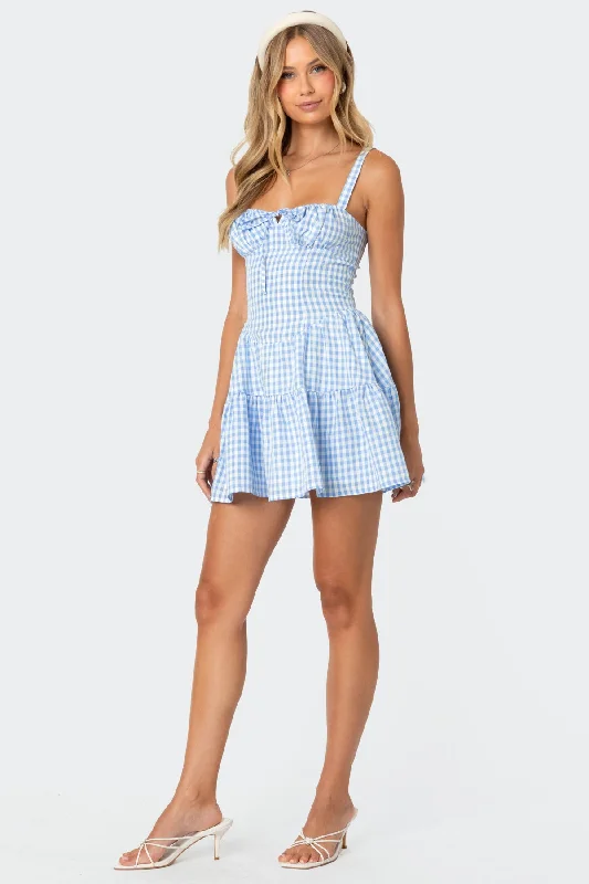 Basil Cupped Gingham Mini Dress