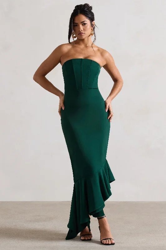 Sandy | Bottle Green Strapless Corset Asymmetric Maxi Dress