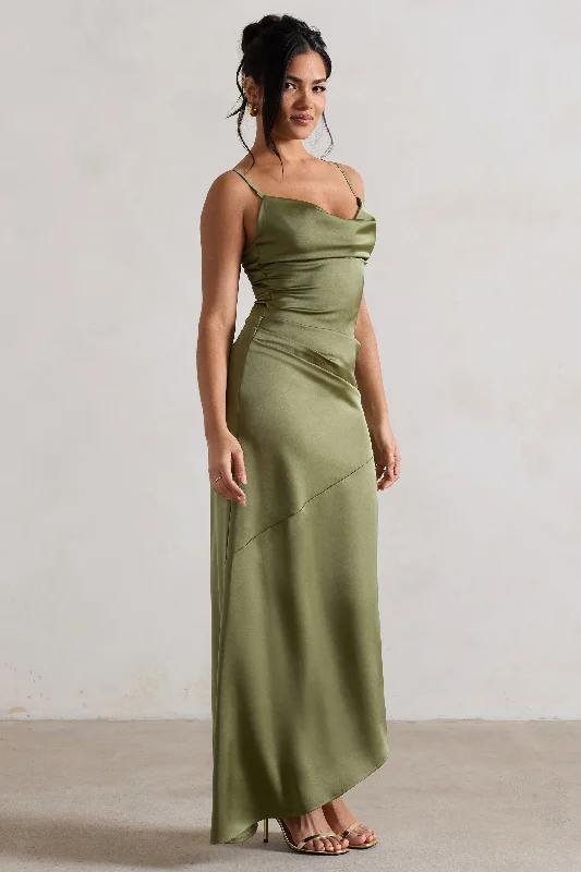 Santi | Olive Green Satin Cowl-Neck Asymmetric Maxi Dress